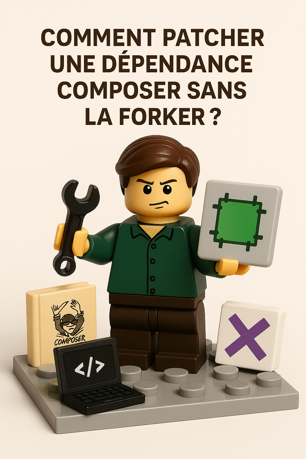 Figurine LEGO tenant une clé et un écran d'ordinateur sur un socle, expression déterminée.