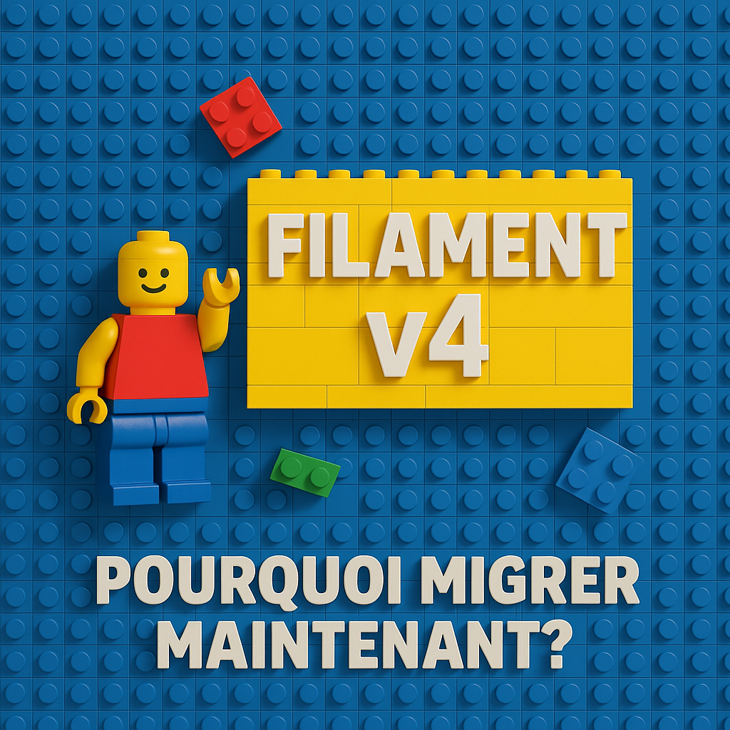 Jouet Lego sur fond bleu, texte "FILAMENT V4".