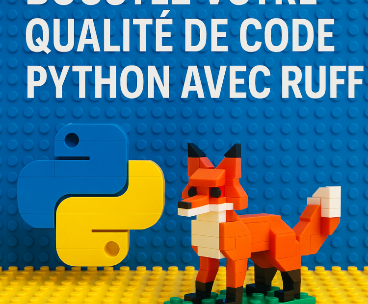 Logo Python en briques, renard en LEGO sur fond bleu et jaune.