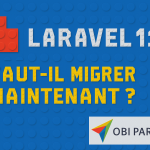 Graphique bleu avec texte sur Laravel 12, logo OBI Partner en bas.